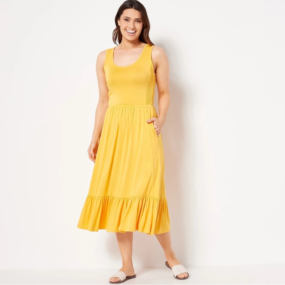J Jason Wu Solid Knit Ruffle Midi Dress Golden‎ Yellow XS Stretch Autumn Tiered